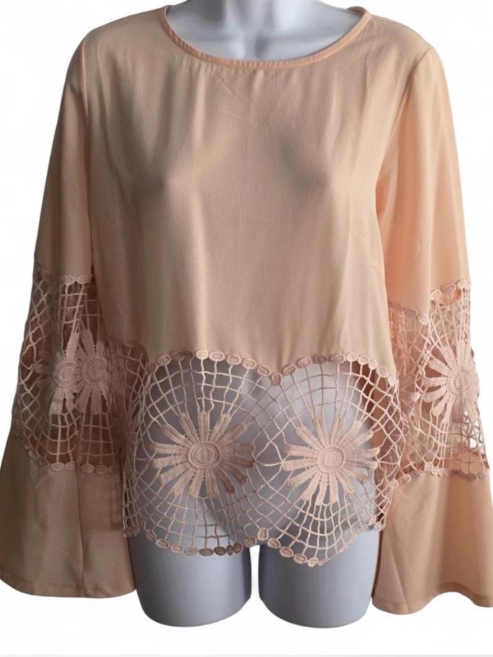 Vintage boho Women's Blush Pink Crochet-Hem Long Sleeve Top - Picture 2 of 8